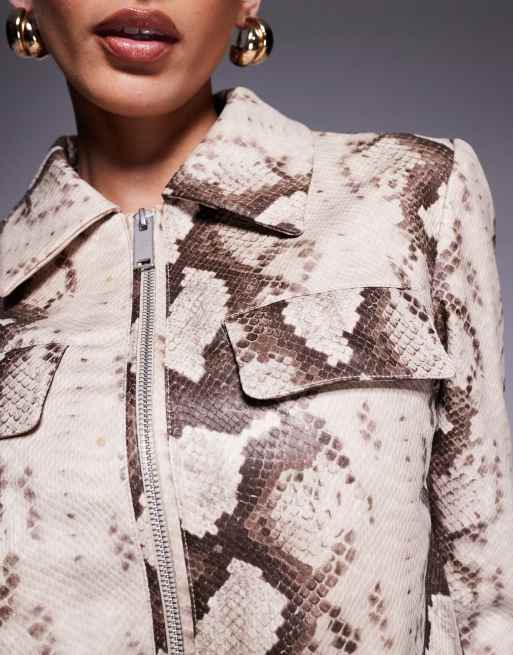 River Island snake faux leather harrington jacket in beige