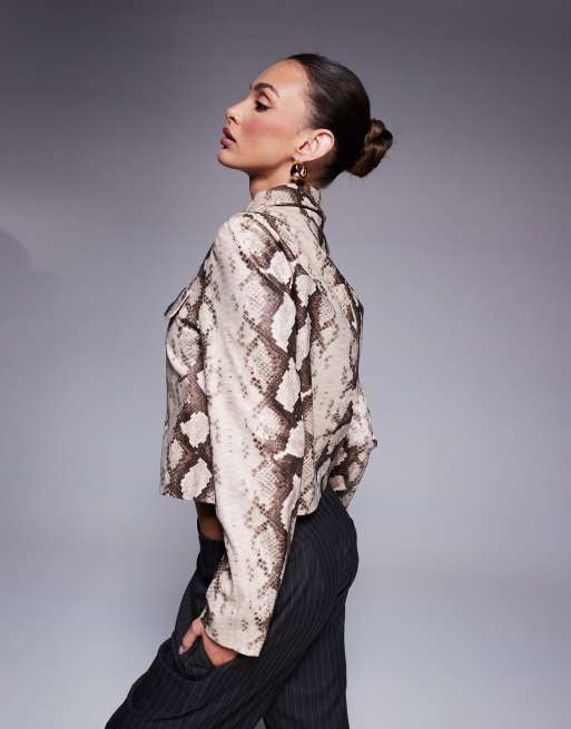 River Island snake faux leather harrington jacket in beige