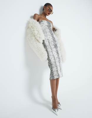 RIVER ISLAND SNAKE PRINT BANDEAU DENIM MIDI DRESS 