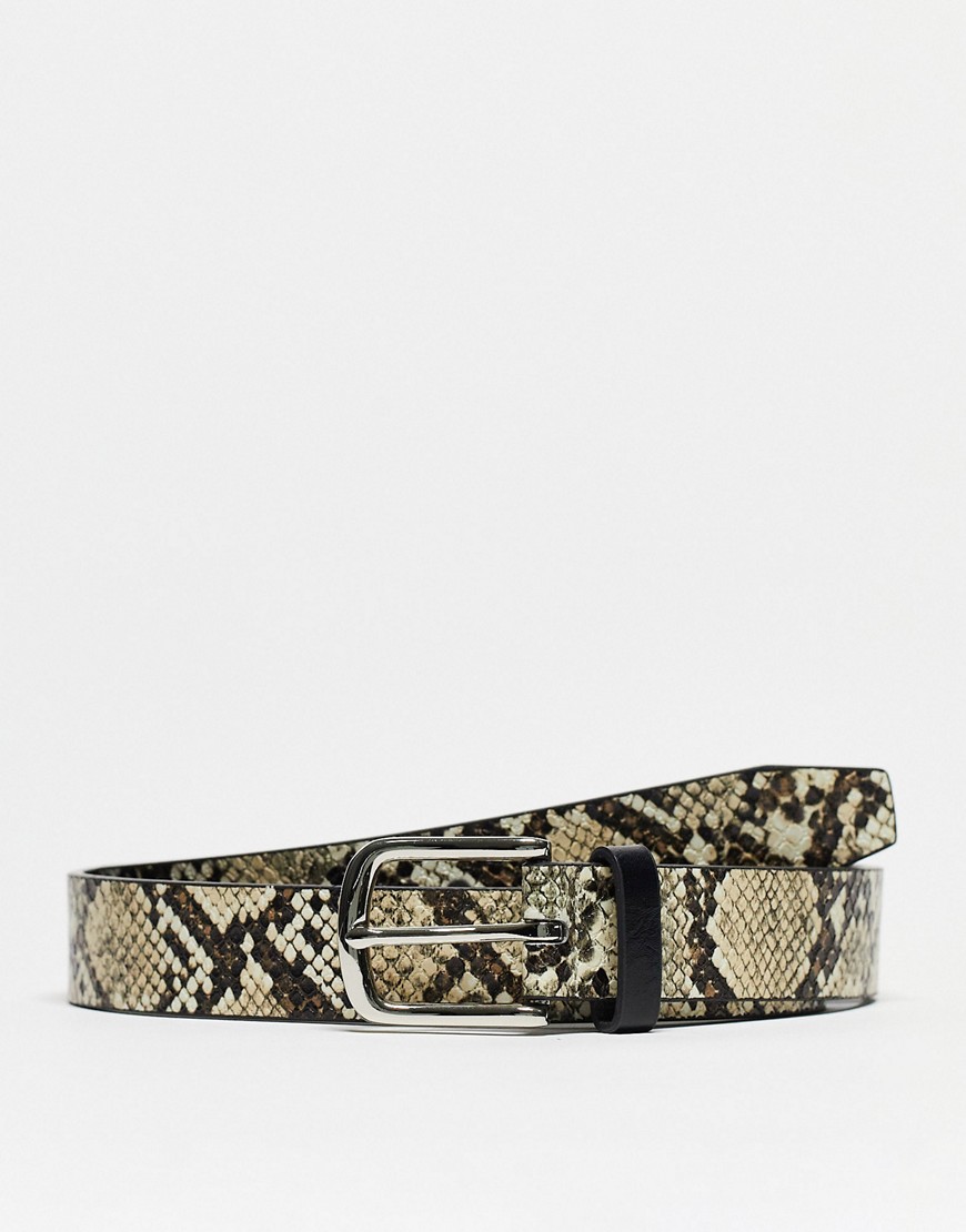 River Island snake print belt in stone-Neutral