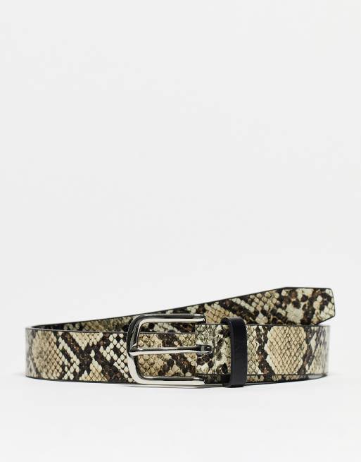 River Island snake print belt in stone | ASOS