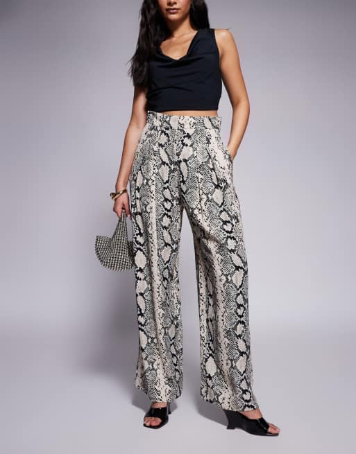 パンツ Snake Print Nylon Open Hem Pants PixieGirl Brown Snake Print Wide Leg Trousers | PixieGirl