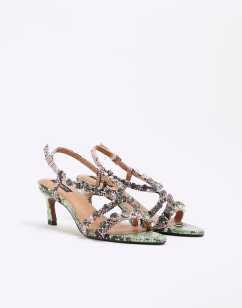 River Island Snake print gem stone heeled sandals in green - medium - view 1