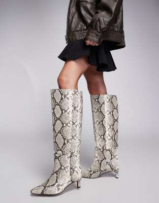 snakeskin print knee boots with low heel in beige