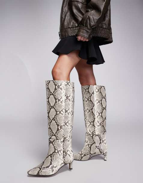 River Island snakeskin print knee boots with low heel in beige - view 1