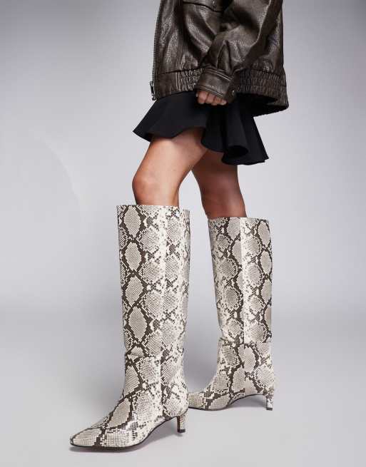 River Island snakeskin print knee boots with low heel in beige