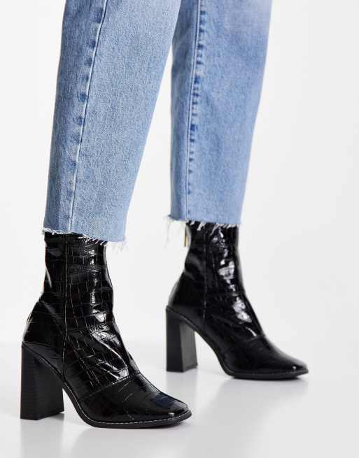 River Island - Sock boots met hak en vierkante neus in zwart lakleer