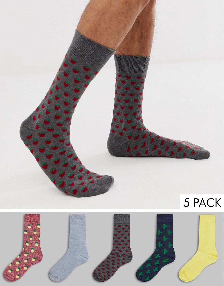 River Island socks with cactus & pineapple print in 5 pack-Grey