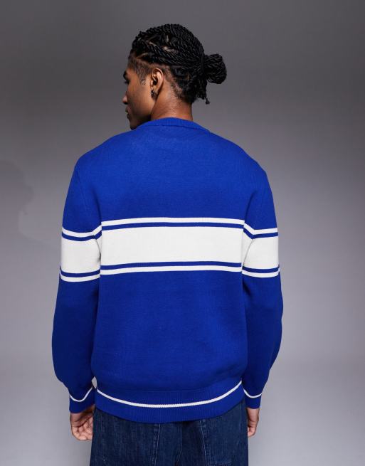 River Island soft knit graphic jumper in bright blue, 3 of 5