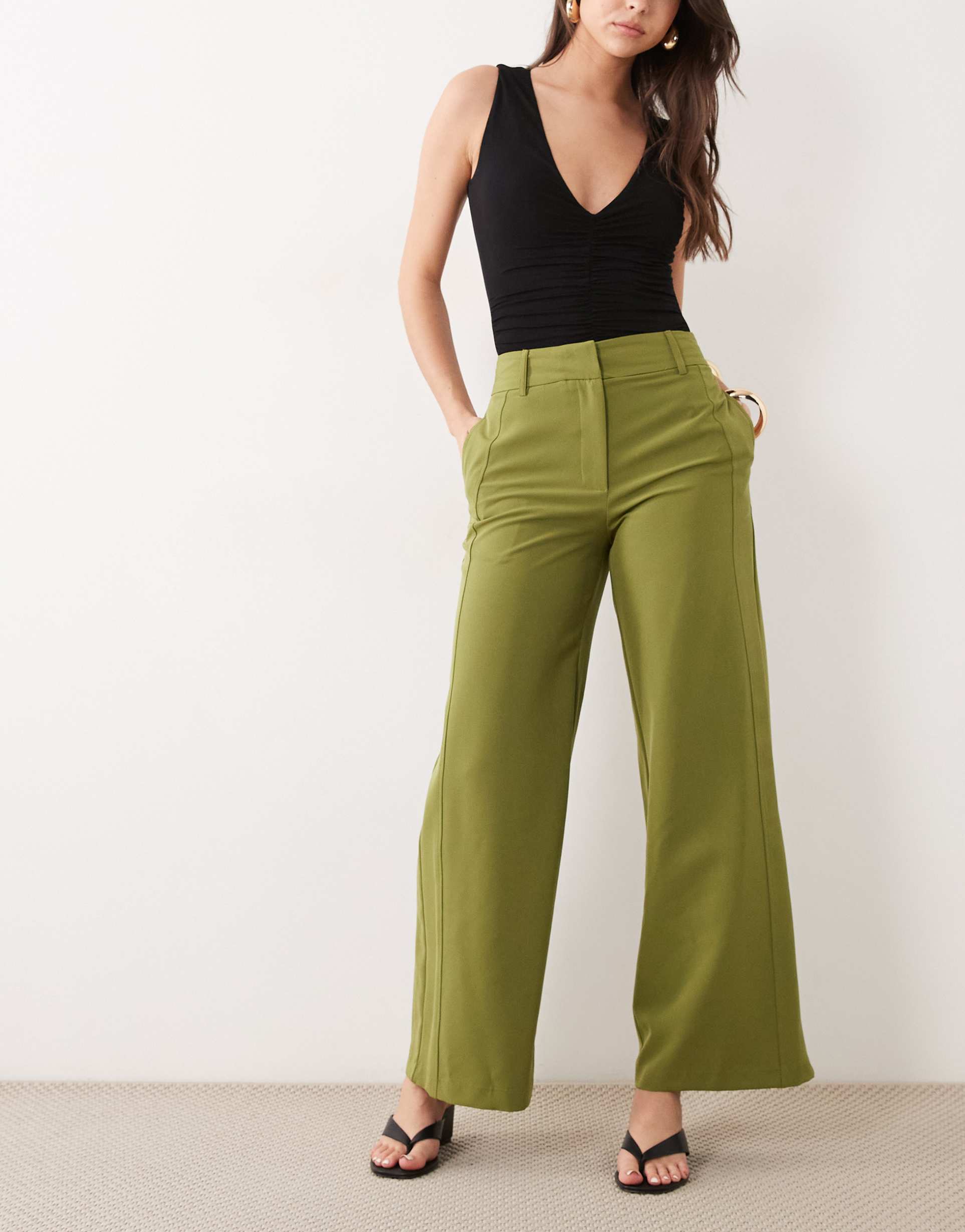 river island soft tailored wide leg pants in khaki