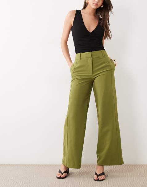 River Island soft tailored wide leg trousers in khaki