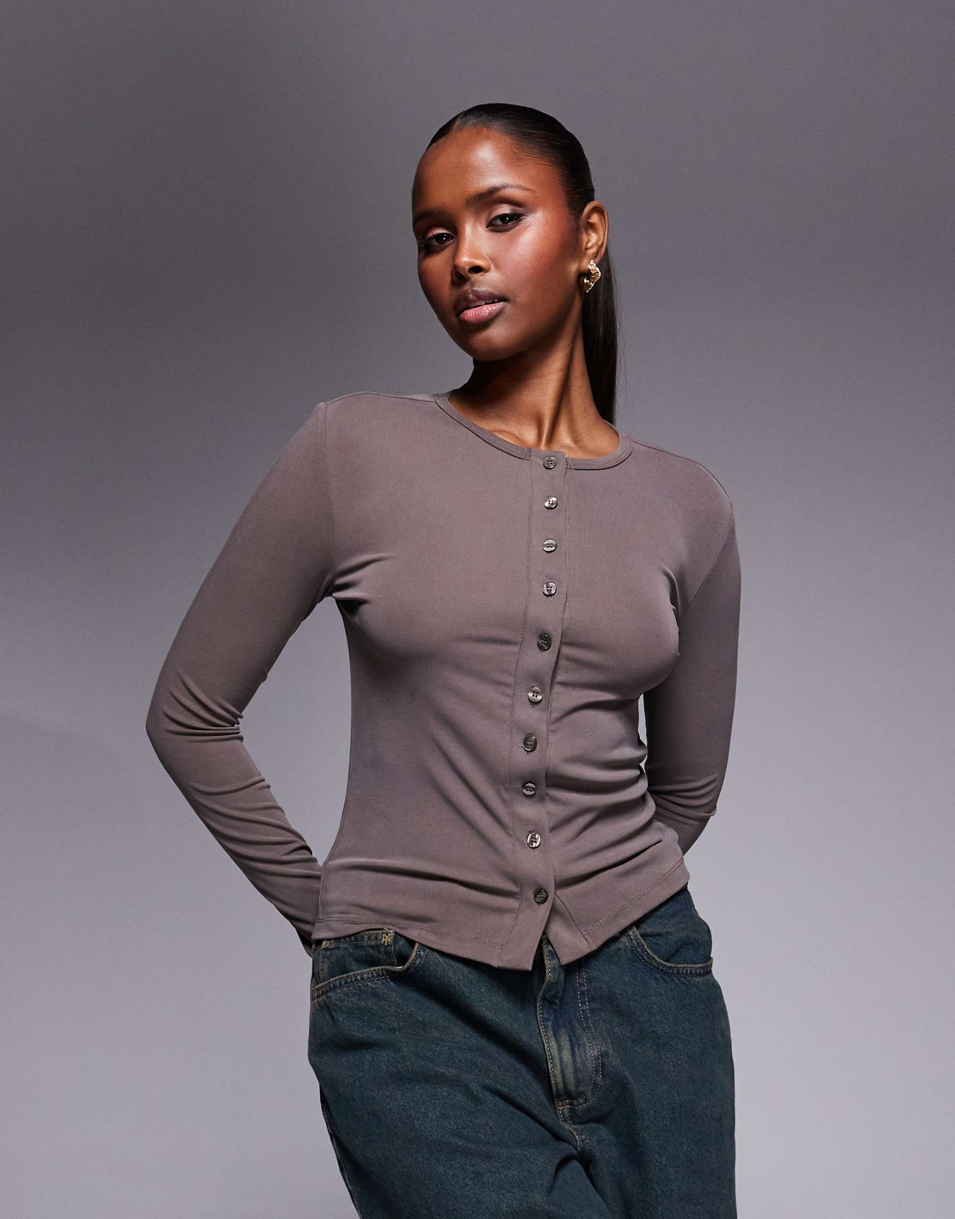 river island soft touch cardigan in dark brown