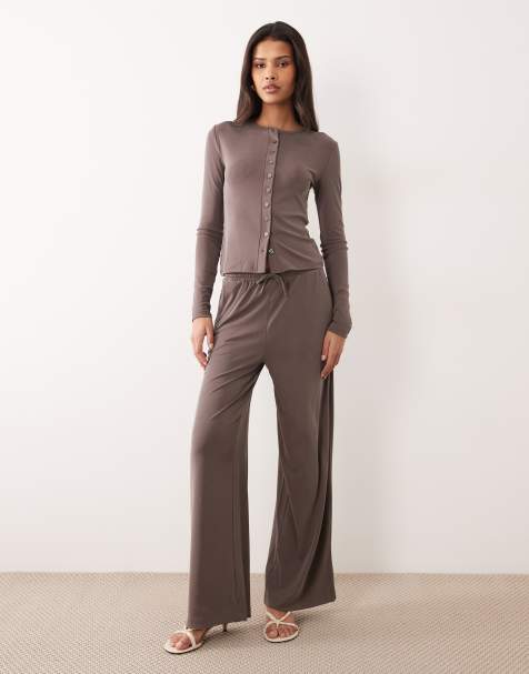 River Island soft touch pants in dark brown - view 1