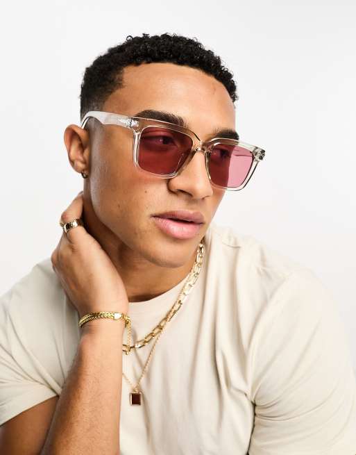 River Island – Sonnenbrille in Grau mit Kristalleinfassung und Gläsern in Beerenrosa