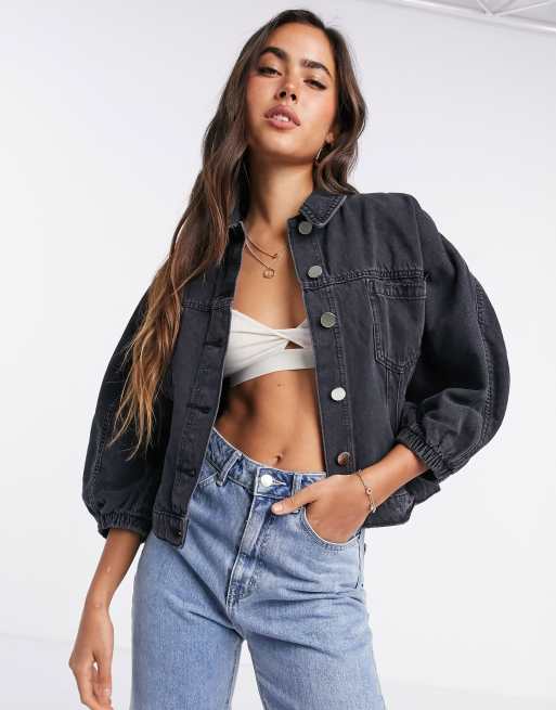 River Island - sort denimjakke med tætsiddende talje og ballonærmer, 4 af 4