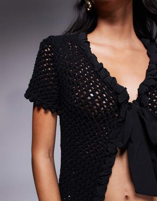River Island - Sort hæklet cardigan med korte ærmer, 3 af 4
