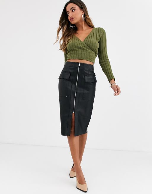 River Island – sort midinederdel i imiteretlæder med gennemgående lynlås