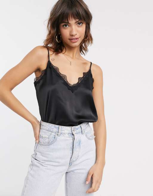 River Island - Sort satin cami med blondekant