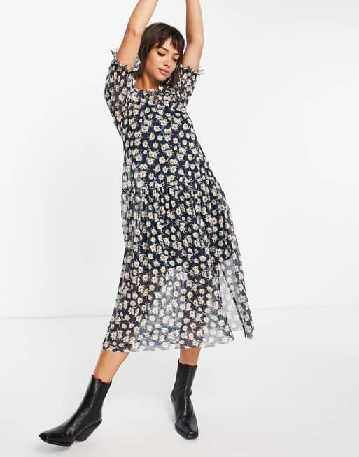 River Island - Sort smock-midikjole i mesh med blomstermønster