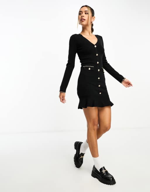 River Island - Sort strikket minikjole med knapper