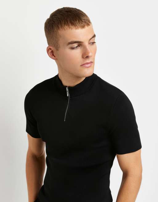 River Island - Sort strikket T-shirt med halv lynlås, 4 af 4