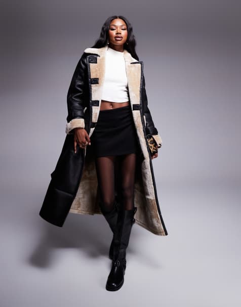 River Island - Sort trenchcoat i imiteret læder med bælte og plysdetaljer - view 1