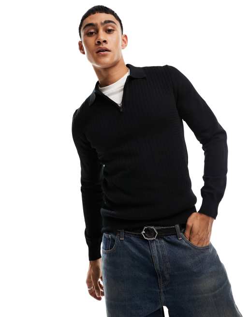 River Island - Sort tætsiddende polo i kabelstrik