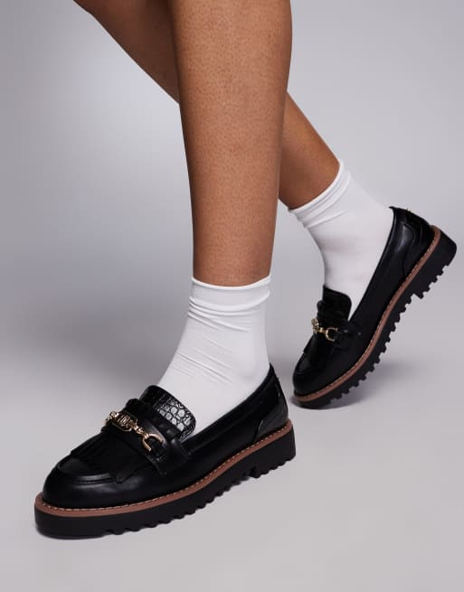 River Island - Sorte loafers med kædedetalje