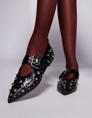 River Island - Spitze Mary-Jane-Ballerinas in Schwarz mit Nieten besetzt