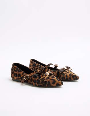 River Island - Spitze Mary-Jane-Ballerinas mit Leopardenmuster-Braun