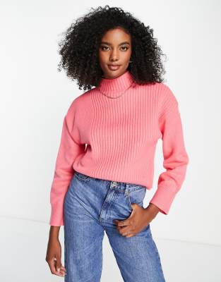 River Island Spliced Front Ribbed Sweater In Bright Pink-green