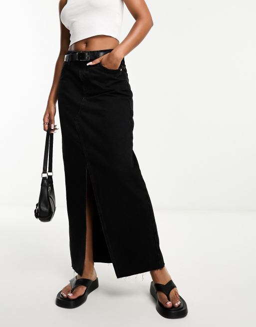 River Island split front denim maxi skirt in black