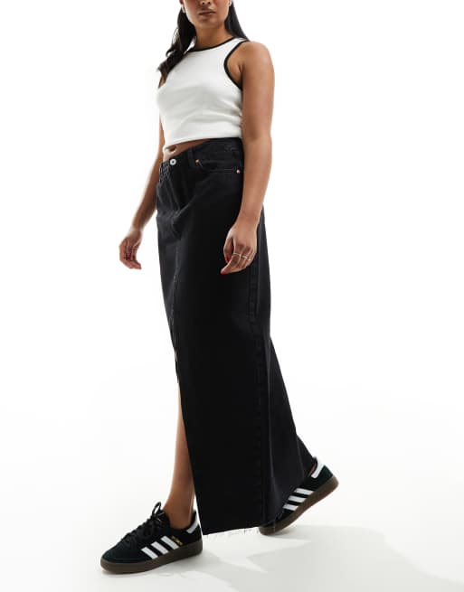 River Island split front denim maxi skirt in black