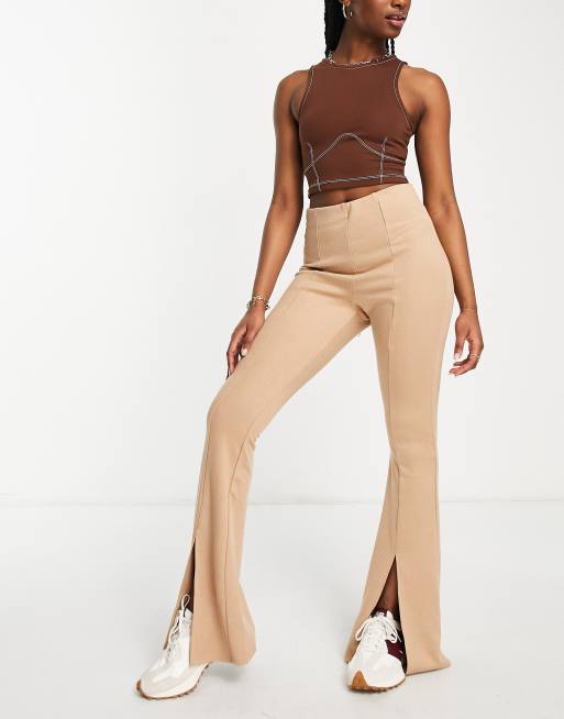 River Island split front flare pants in beige