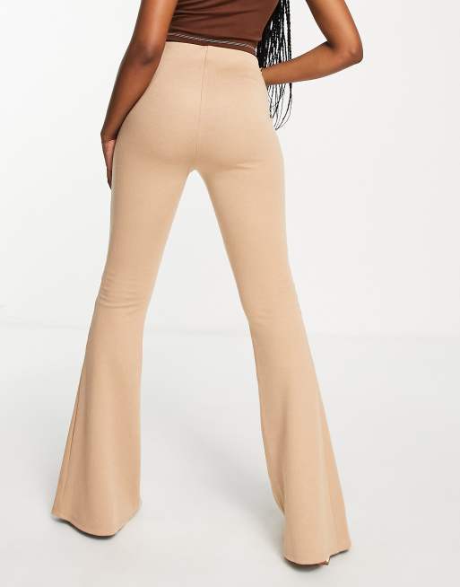 Beige Ribbed Split Flared Leggings