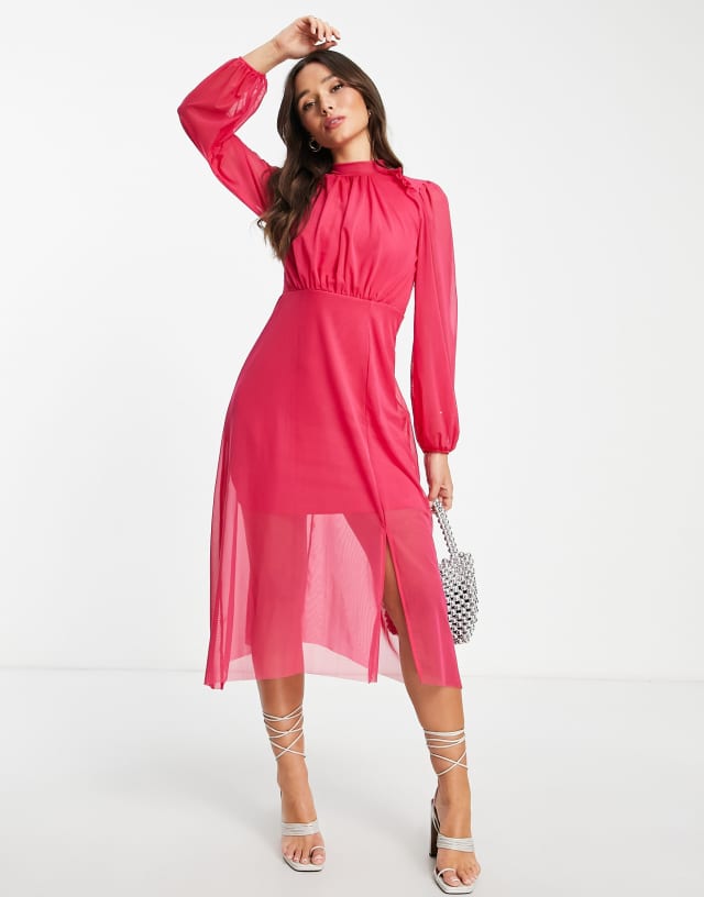 River Island split front midi dress in bright pink