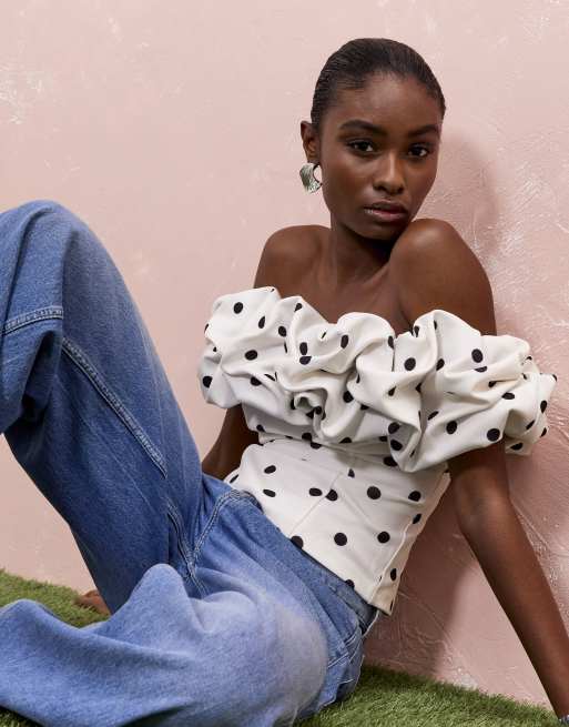 River Island Spot print ruffle bardot top in cream
