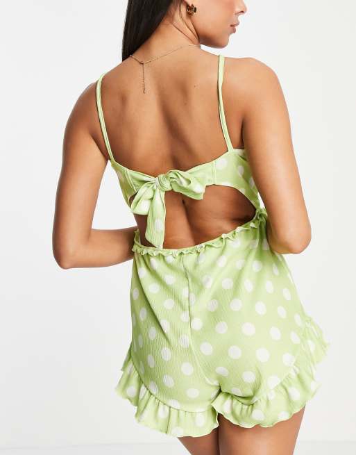 River Island spot print shirred beach romper in light green, 2 of 4