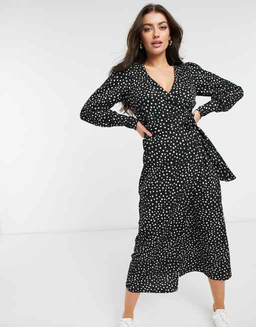 River Island spotted printed wrap midi dress in black | ASOS