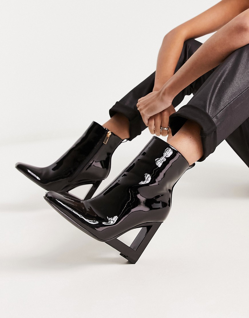 River Island Square Heel Patent Heeled Boots In Black