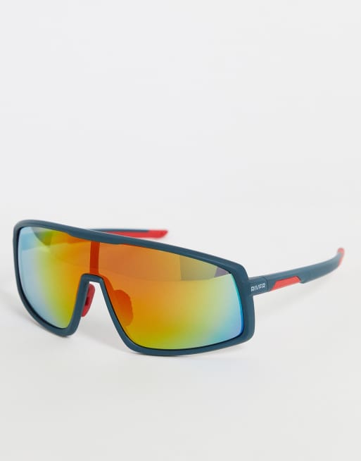 River Island square sunglasses with mirrored lens in navy