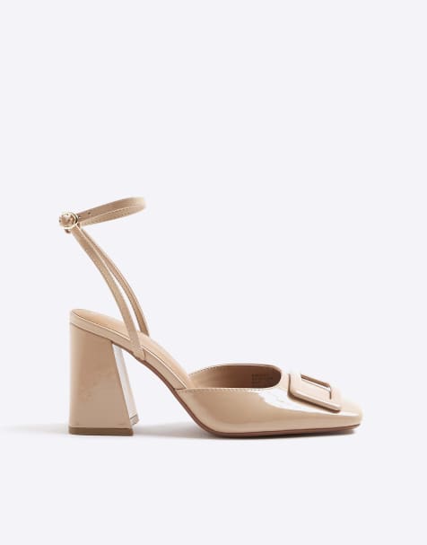 River Island Square toe block heels in beige - view 1