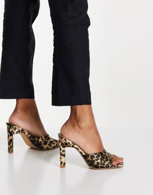 Square Toe Heeled Leopard Print Mule Sandals In Brown