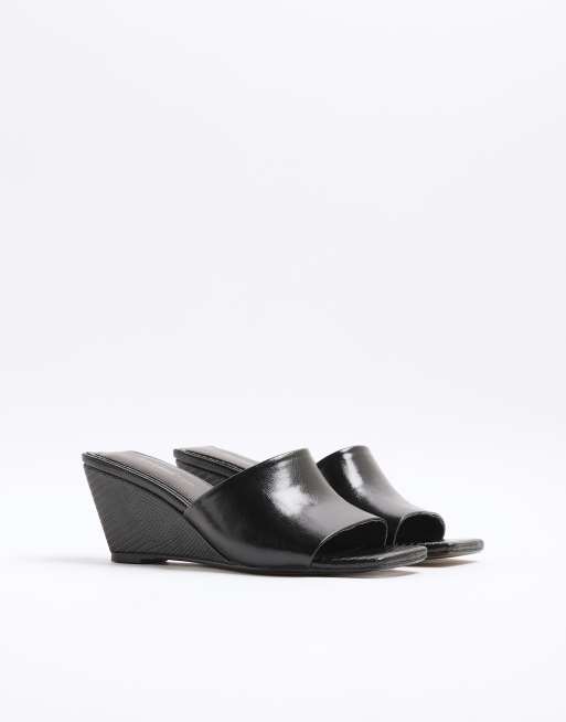 River Island Square toe wedge sandals in black