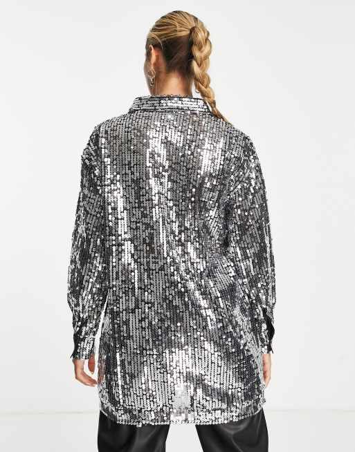 River Island – Srebrna koszula oversize z cekinowym wykończeniem, 3 z 4