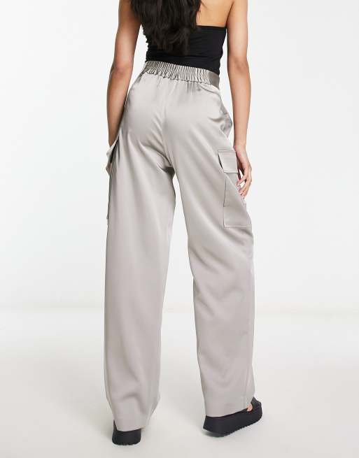 River Island – Srebrne satynowe spodnie z szerokimi nogawkami w stylu roboczym, 2 z 4