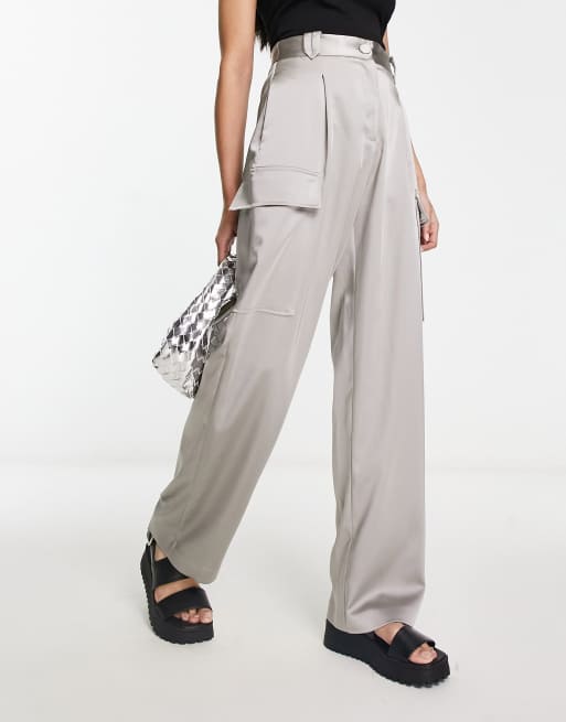 River Island – Srebrne satynowe spodnie z szerokimi nogawkami w stylu roboczym, 4 z 4