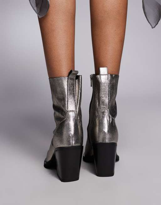 River Island – Srebrne skórzane botki kowbojki na obcasie, 4 z 4