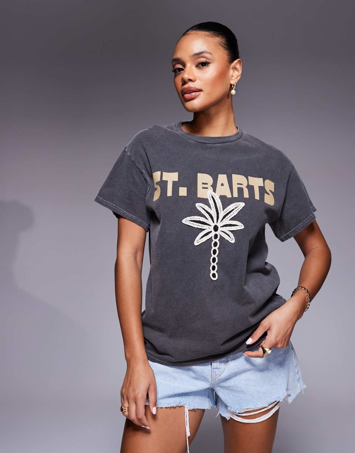 River Island St Barts crochet palm t-shirt in dark grey