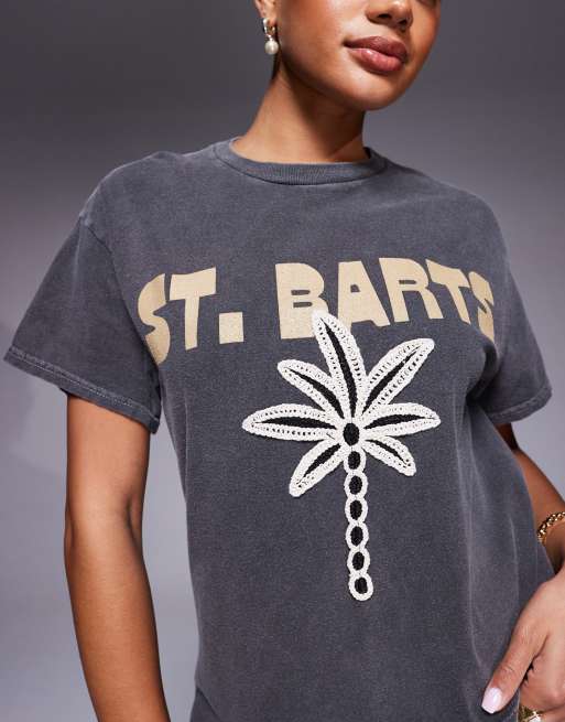 River Island St. Barts crochet palm t-shirt in dark grey, 2 of 4